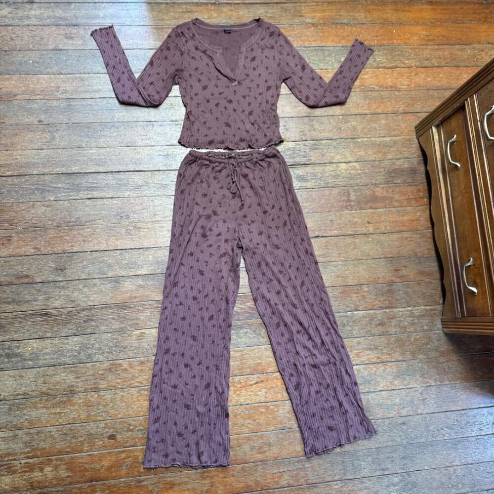 Brown Cottagecore Floral Pajama Set, Women's XS